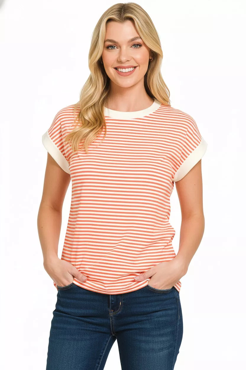 Striped Round Neck Short Sleeve Contrast Trim T-Shirt