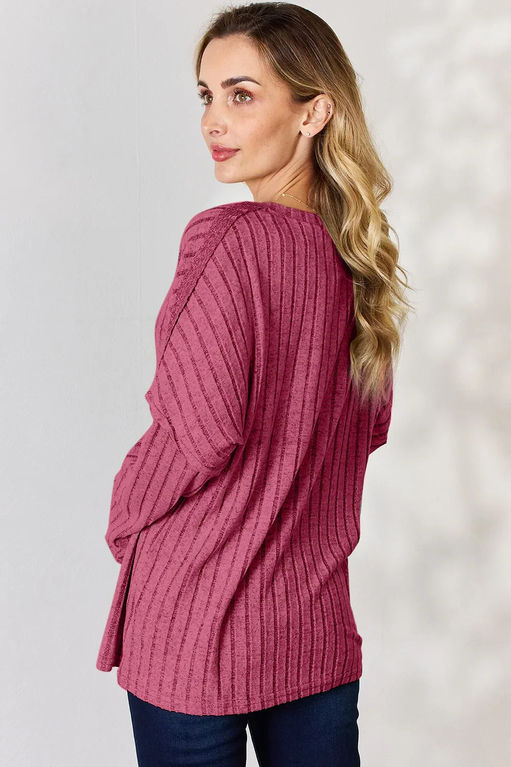 Full Size Ribbed Half Button Long Sleeve T-Shirt