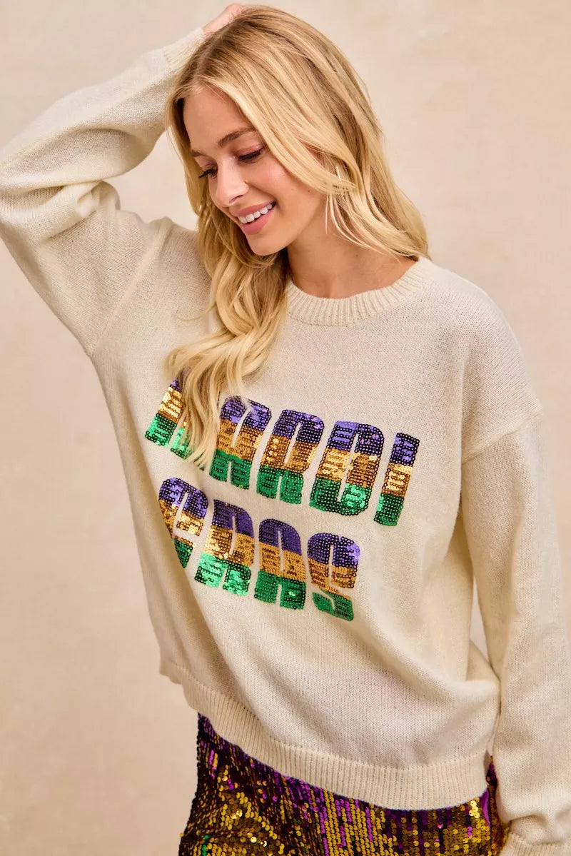 Mardi Gras Sequin Lattering Knit Top