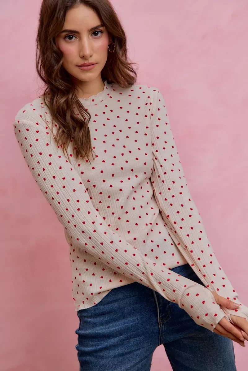 Ditsy Heart All Over Slub Rib Knit Valentine Top