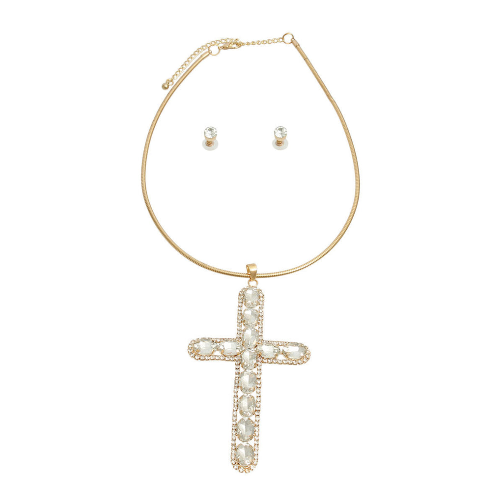 Statement Necklace Gold Rigid Collar Elegant Cross Pendant