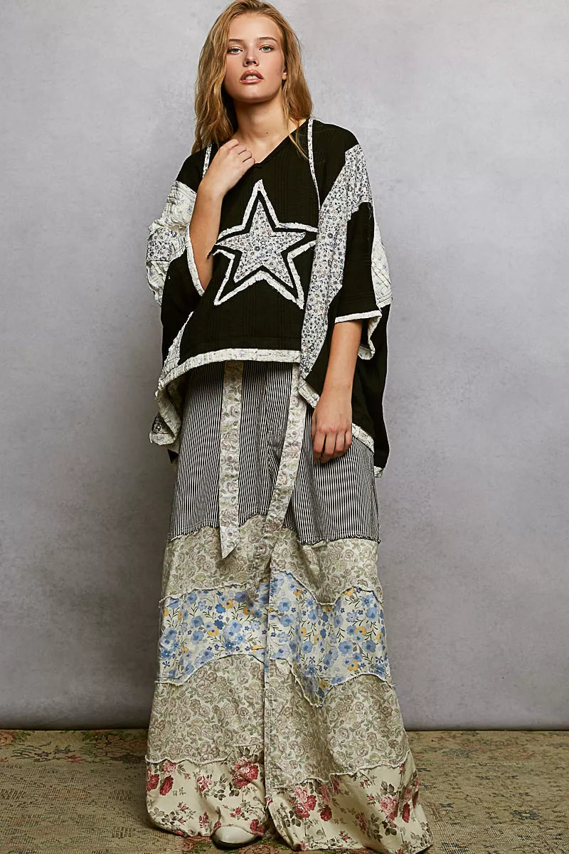 Floral Star Patch Hooded Blouse with Lace Contrast Detail