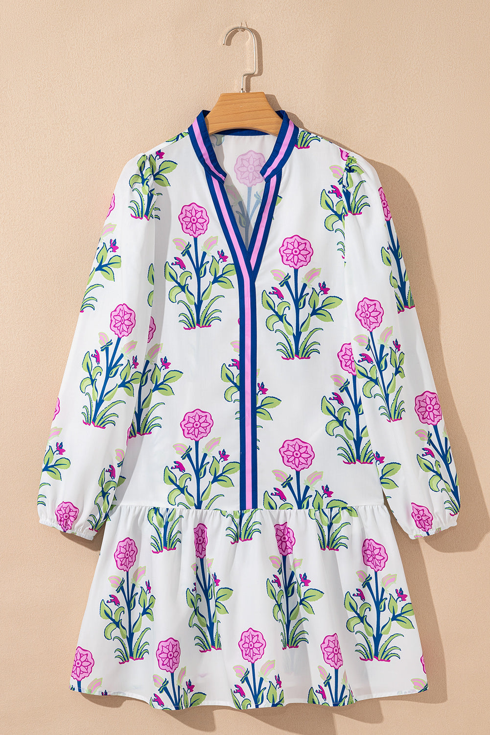 White Floral Print Contrast Striped Trim Notched Neck Long Sleeve Dress