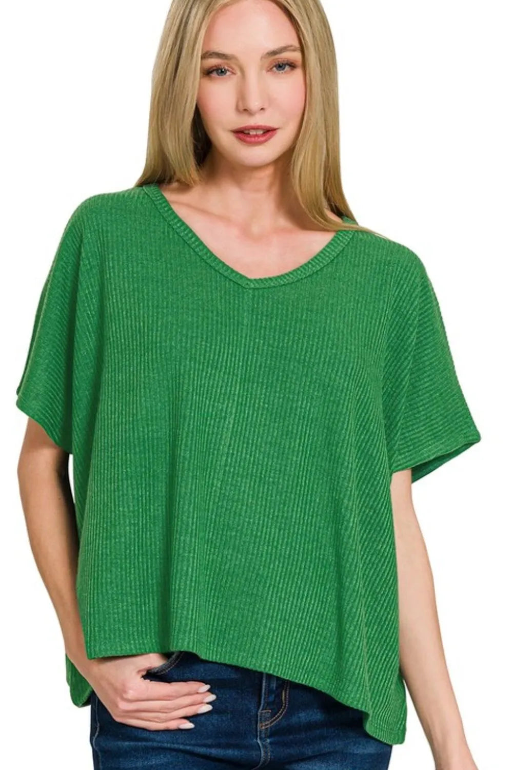 Ribbed V-Neck Short-Sleeve Knit Top