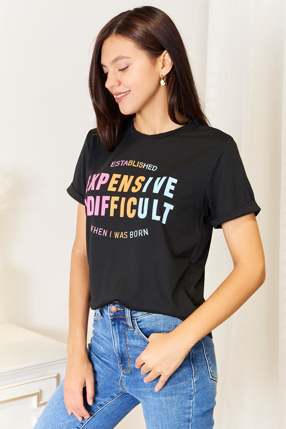 I am a Fashion Junky Love Slogan Graphic Cuffed Sleeve T-Shirt