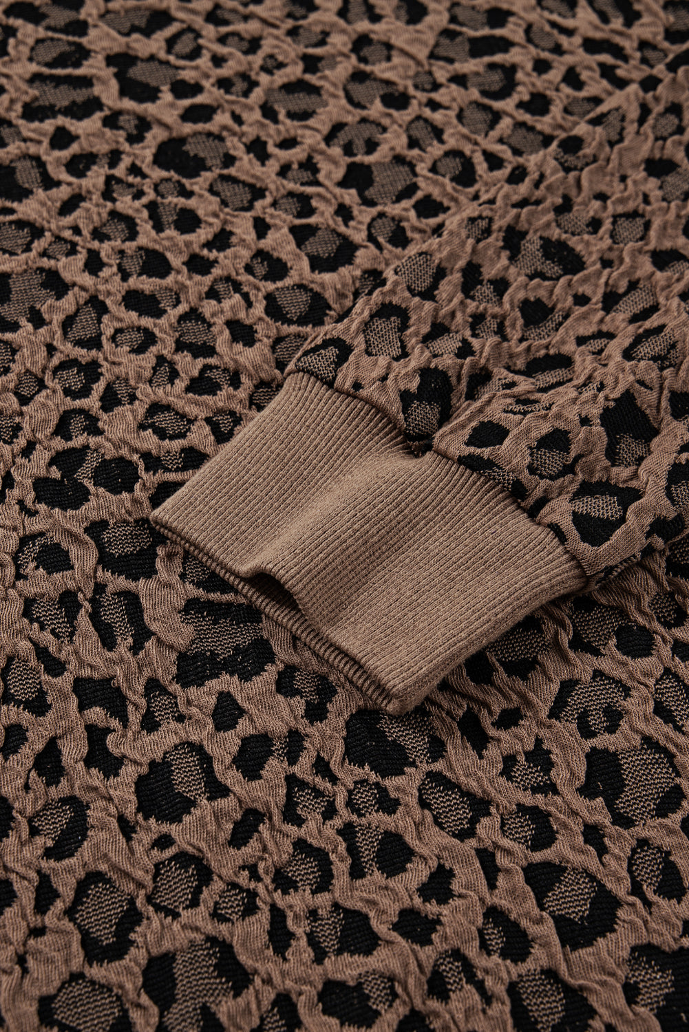 Brown Ribbed Trim Leopard Print Long Sleeve Top