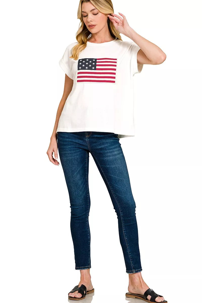 Full Size US Flag Round Neck Short Sleeve T-Shirt Plus Size