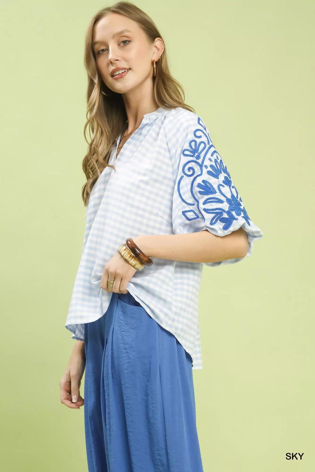 Gingham Embroidered Balloon Sleeve Top