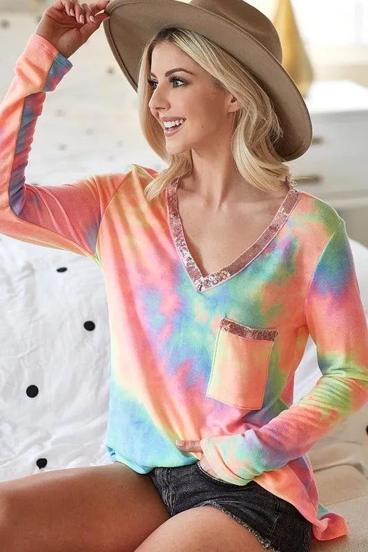 Tie Dye V-neck Terry Knit Top With Sequins