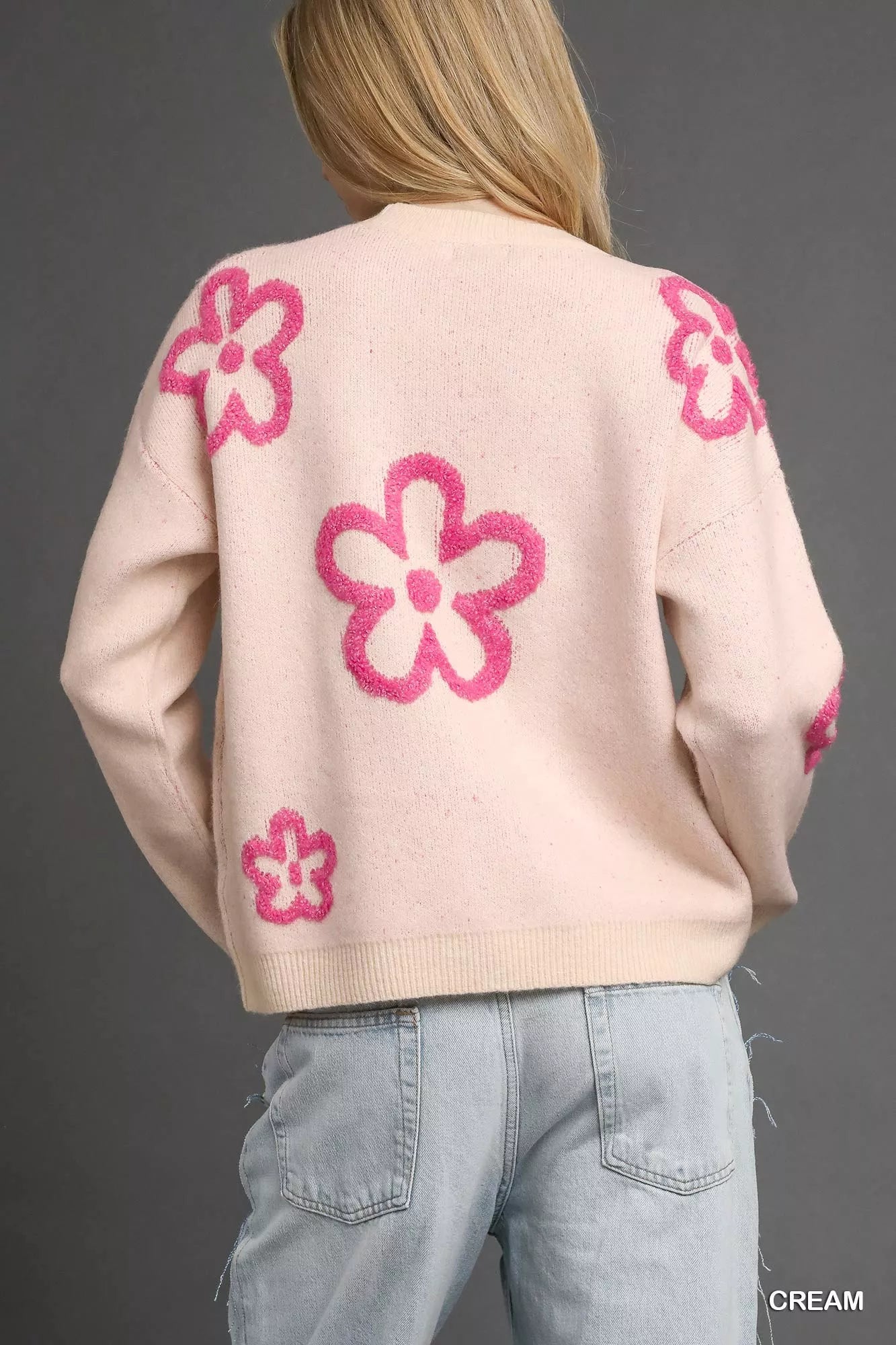 Round Neck Sweater with Pink Floral Accents
