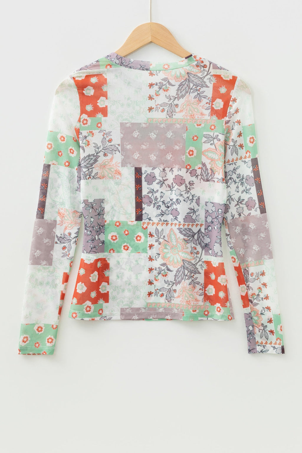 Khaki Mixed Floral Print Patchwork Mock Neck Mesh Top