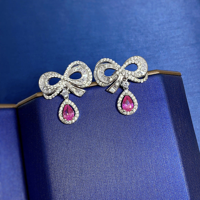 S925 Silver Water Drop Bow Earrings