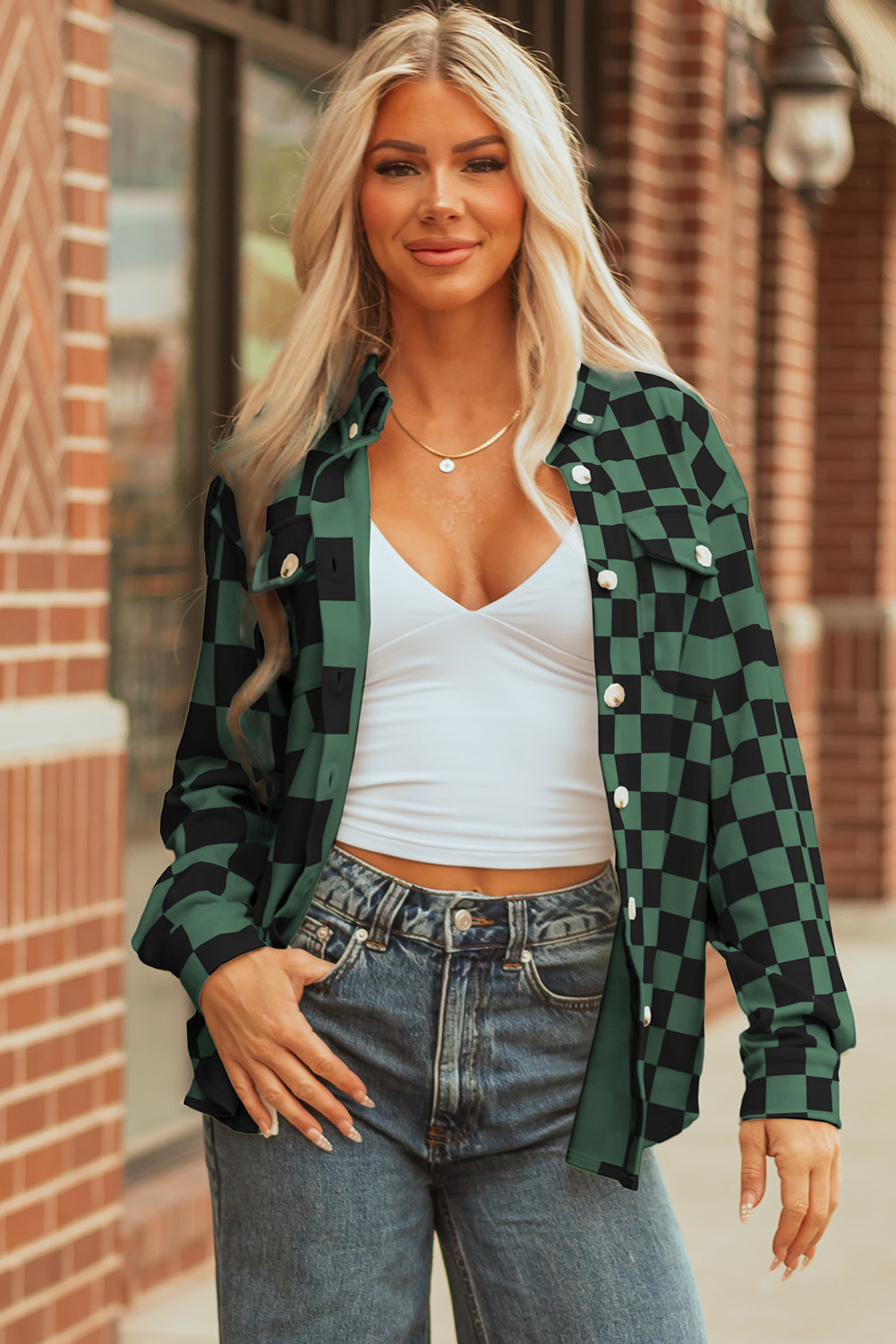 Green Checkerboard Flap Pocket Button Front Shacket
