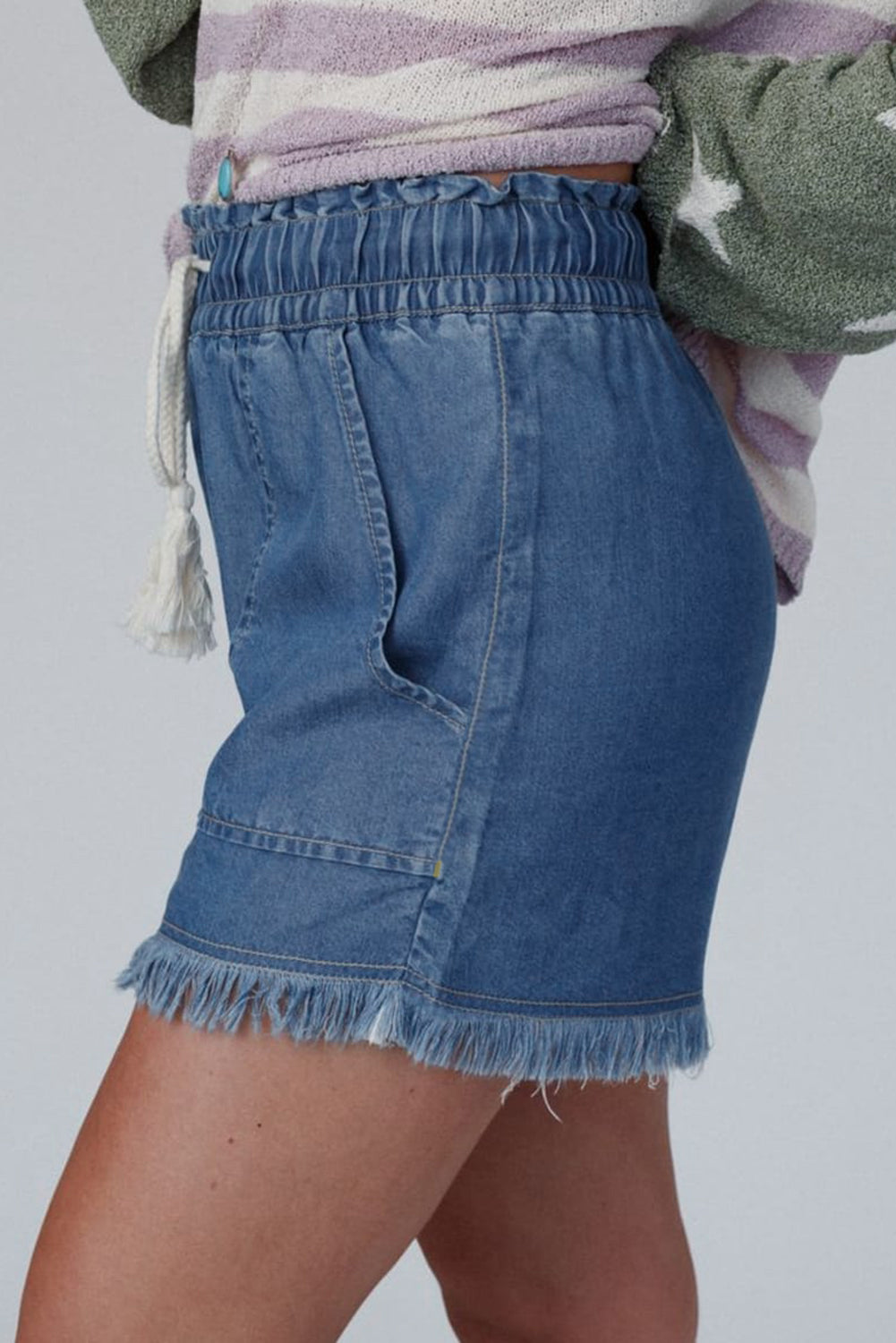 Raw Hem Drawstring High Waist Denim Shorts with Pockets