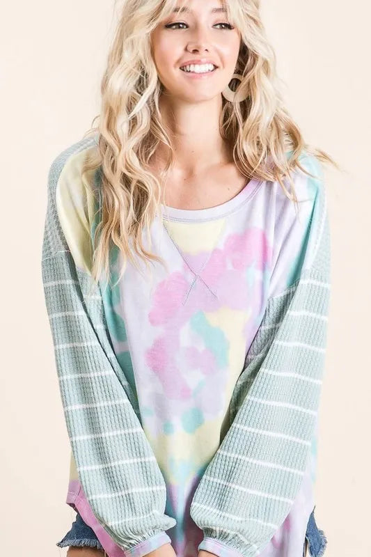 Tie Dye Terry Top with Wide Stripe Thermal Waffle