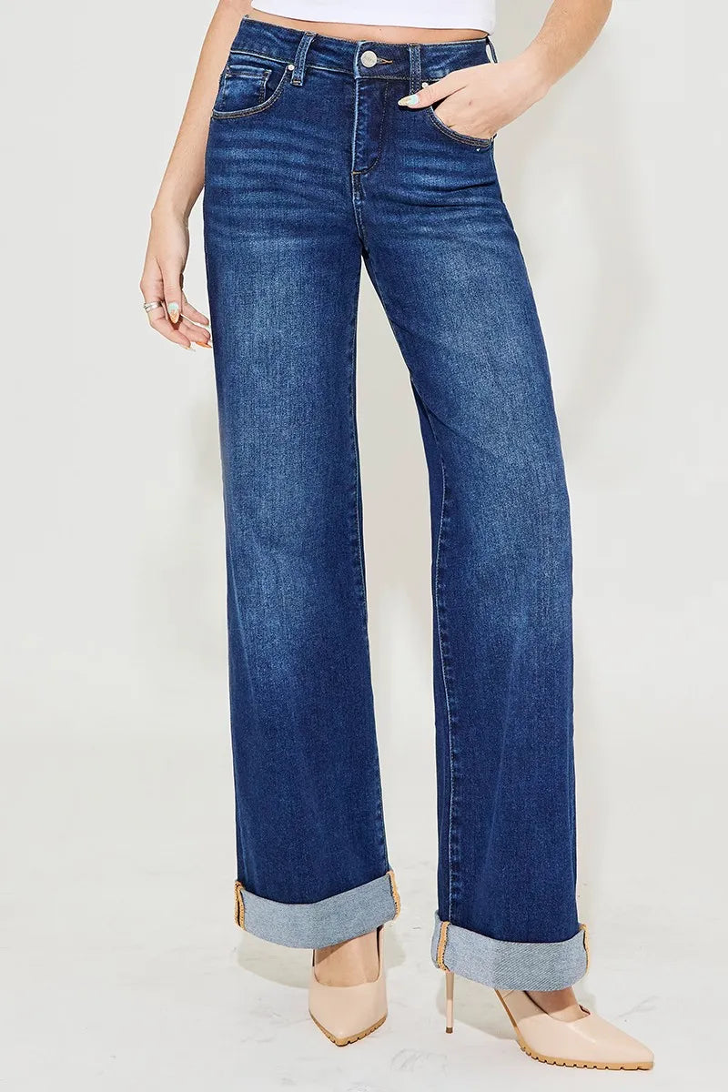 Full Size Tummy Control High Rise Wide Leg Cuffed Jeans Plus Size