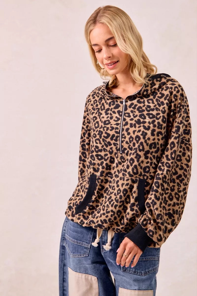 Leopard Print Waffle Half Zip Up Hoodie W Pocket