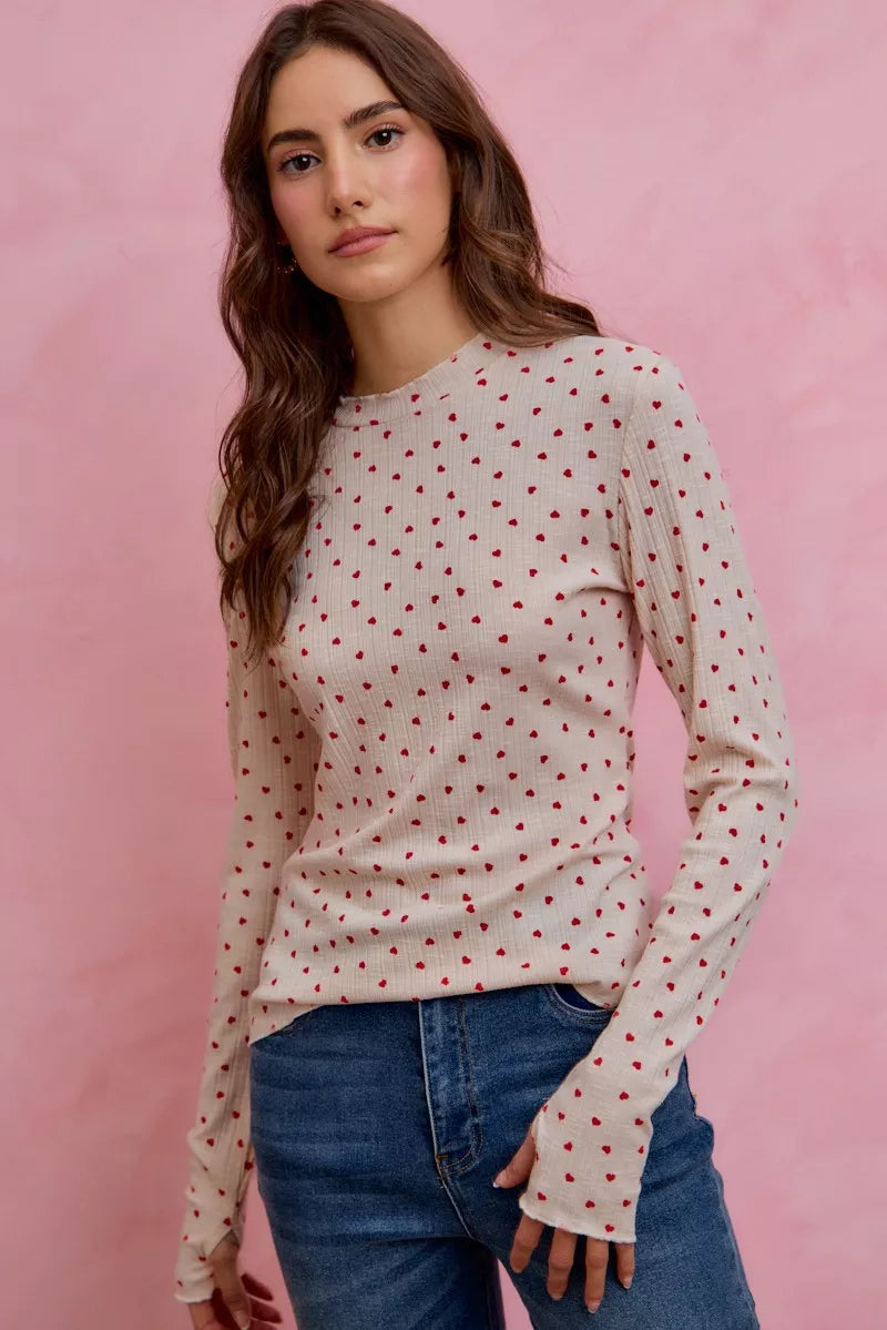 Ditsy Heart All Over Slub Rib Knit Valentine Top