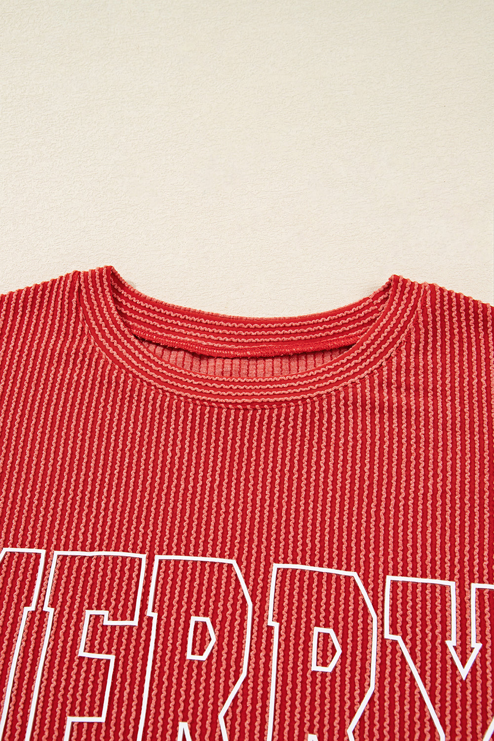 Fiery Red Twisted Rib Outlined Merry Letter Graphic Loose Long Sleeve Top