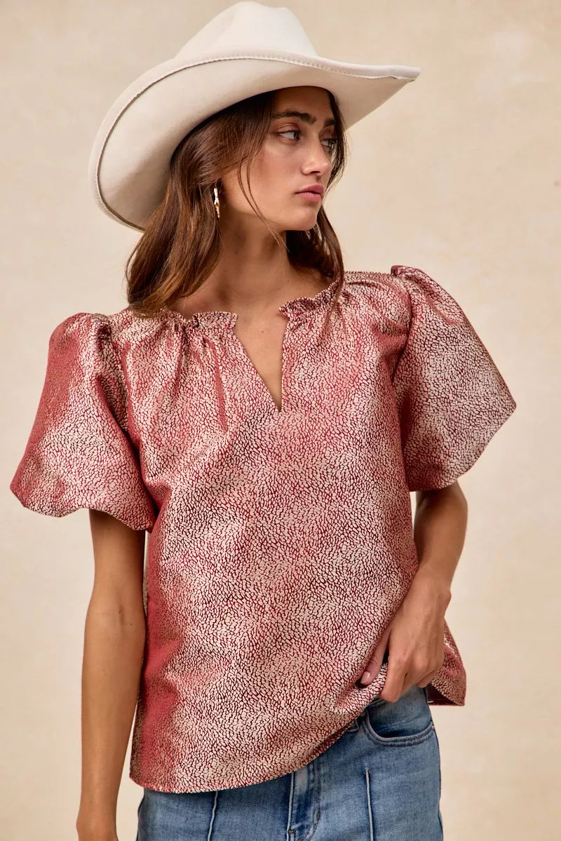 Jacquard Woven Short Balloon Sleeves V Neck Top