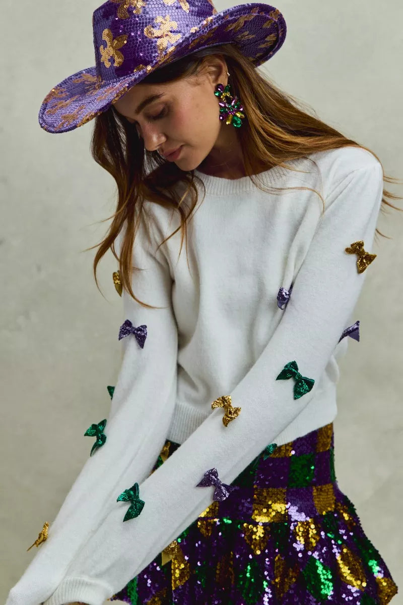 Mardi Gras Glitter Bow Ribbon Sweater Knit Top