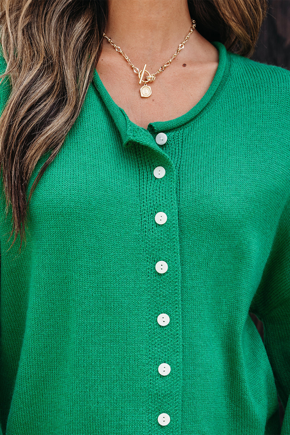 Bright Green Solid Color Knit Button Drop Shoulder Sweater Cardigan