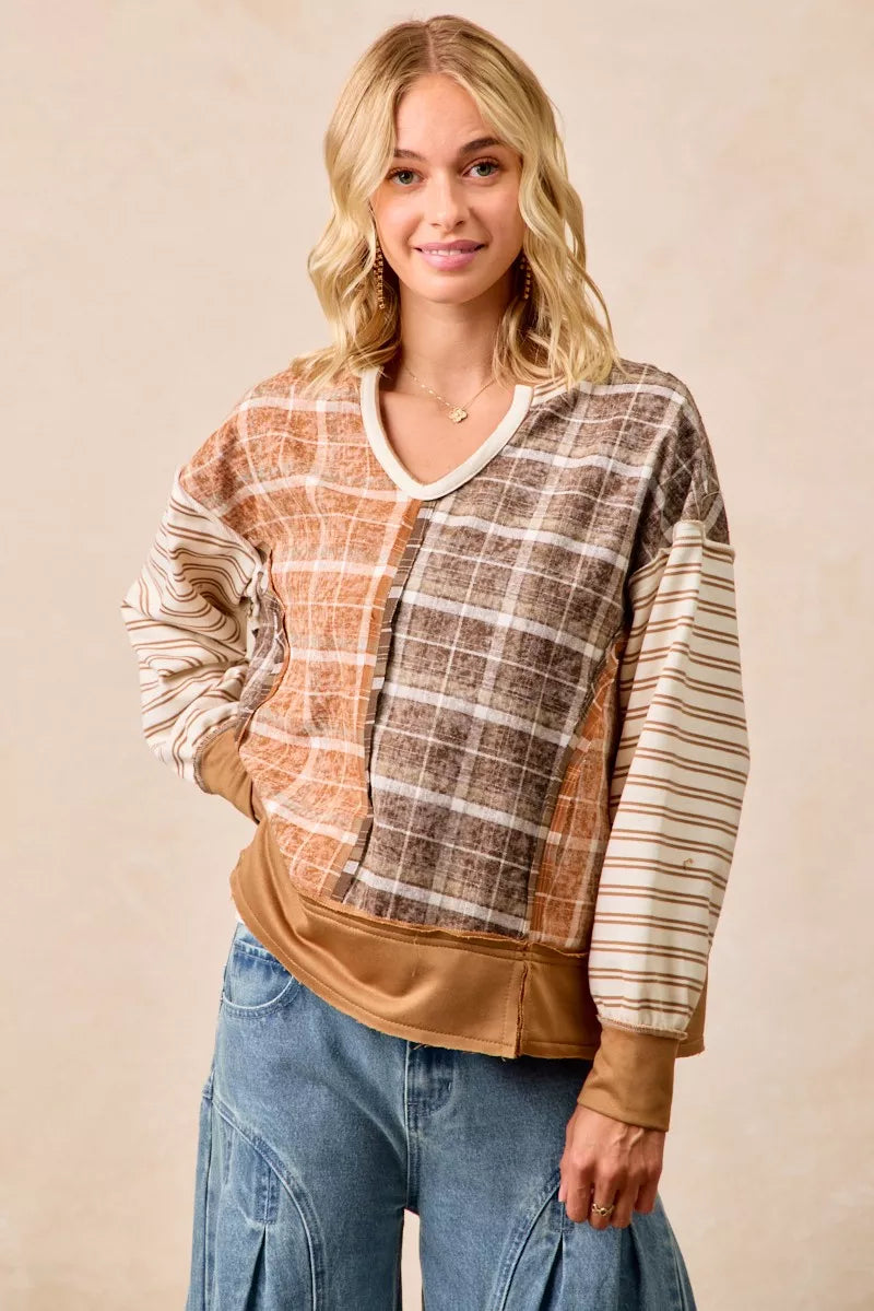 Plaid And Stripe Mix And Match Top With Open Seam