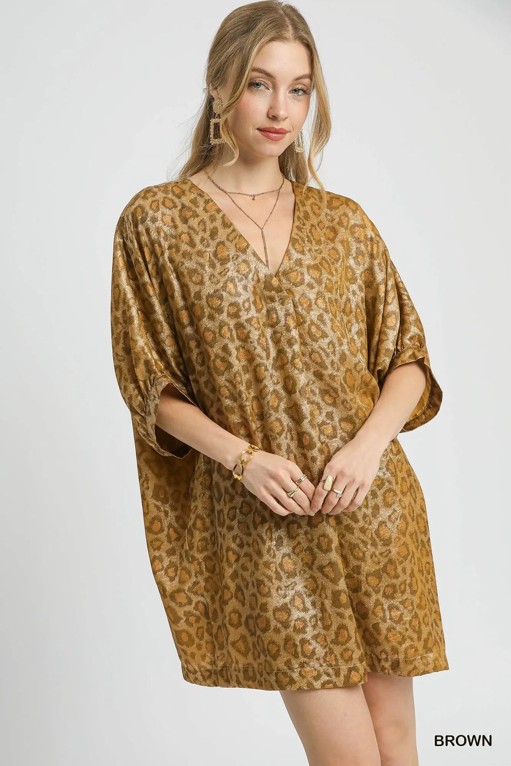 Metallic Leopard Print V-Neck Kimono Dress