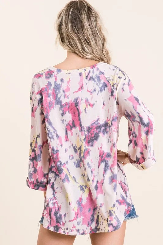 Tie Dye Print Terry A Line Top with Bell Sleeves