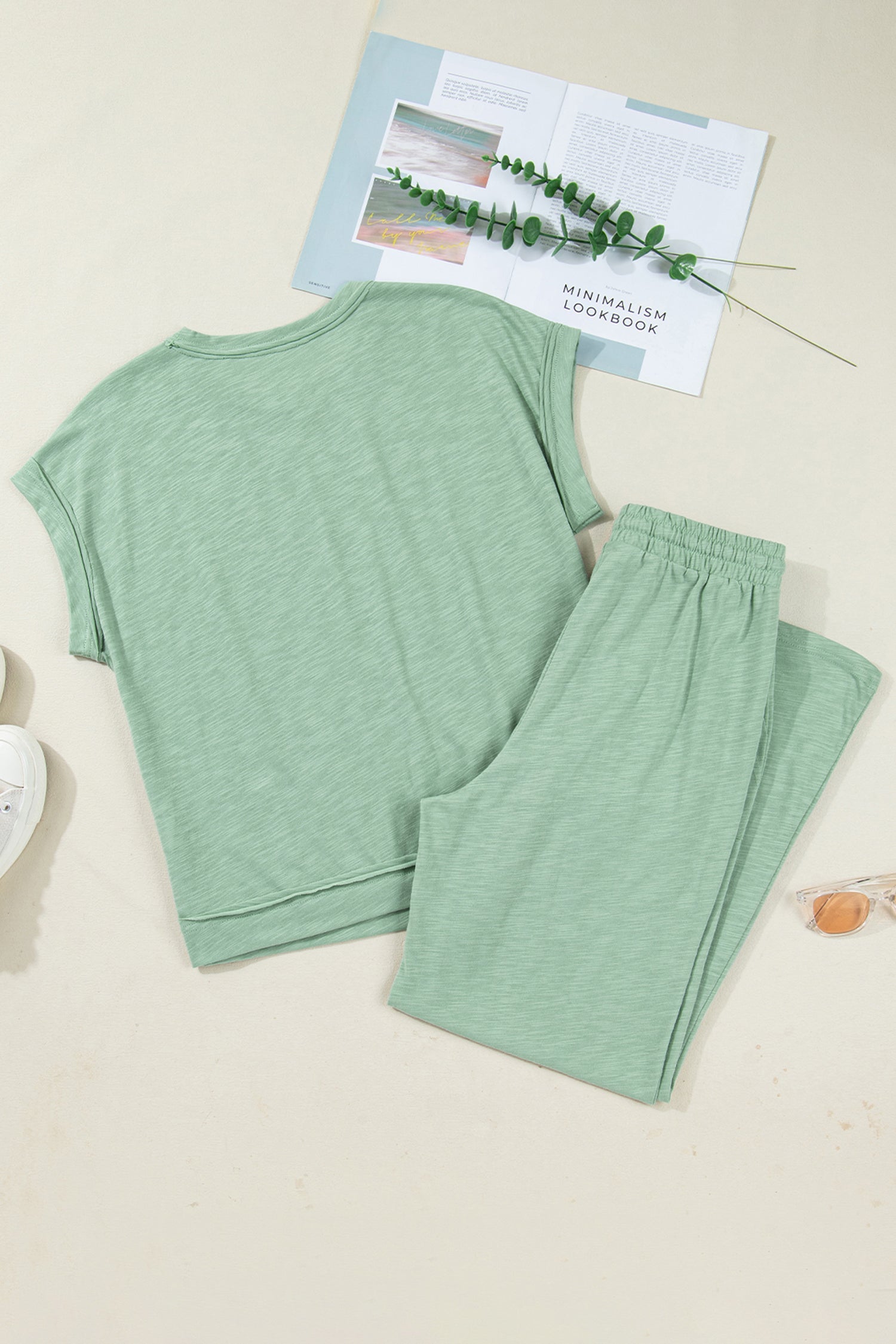 Canton Cuffed Short Sleeve Tee Raw Seam Patch Pocket Drawstring Pants Set