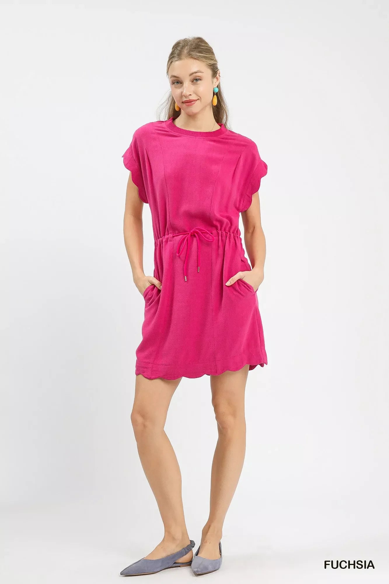 Linen Blend Scallop Hem Mini Dress