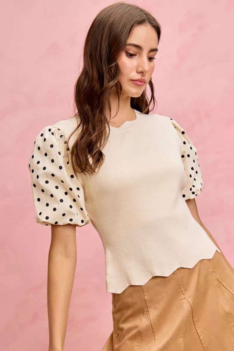 Polka Dot Contrast Woven Ballon Sleeve Blouse