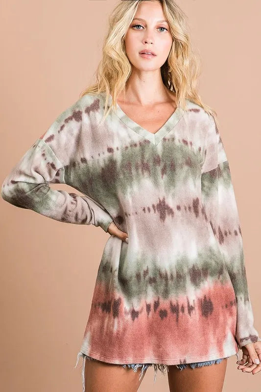 Brushed Tie Dye Looking Print V Neck Top