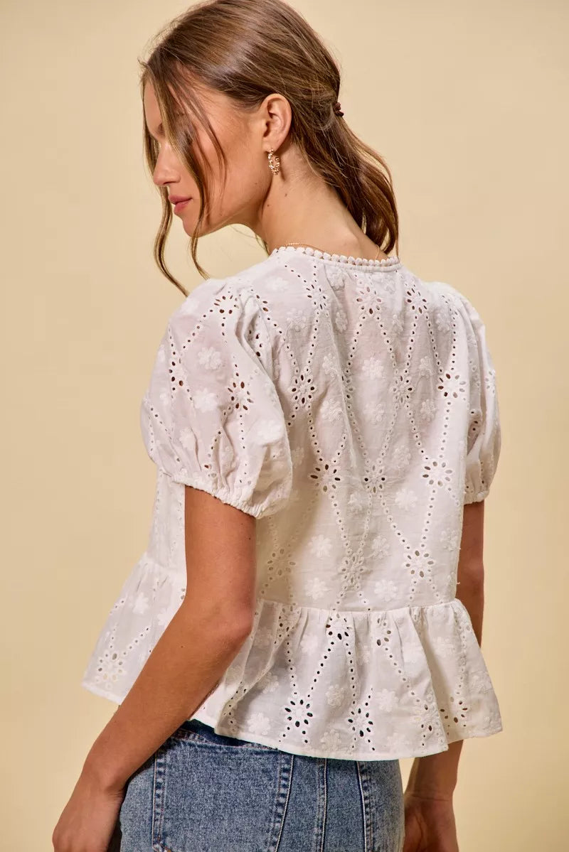 Cotton Eyelet Front Tie Short Sleeves Blouse