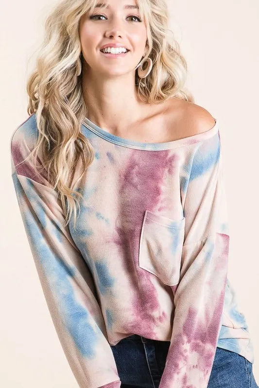 Tie Dye Print Terry Top With Front Patch Pocket