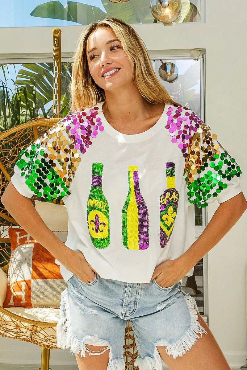 Sequin Mardi Gras Bottles Spangled Sleeve Top