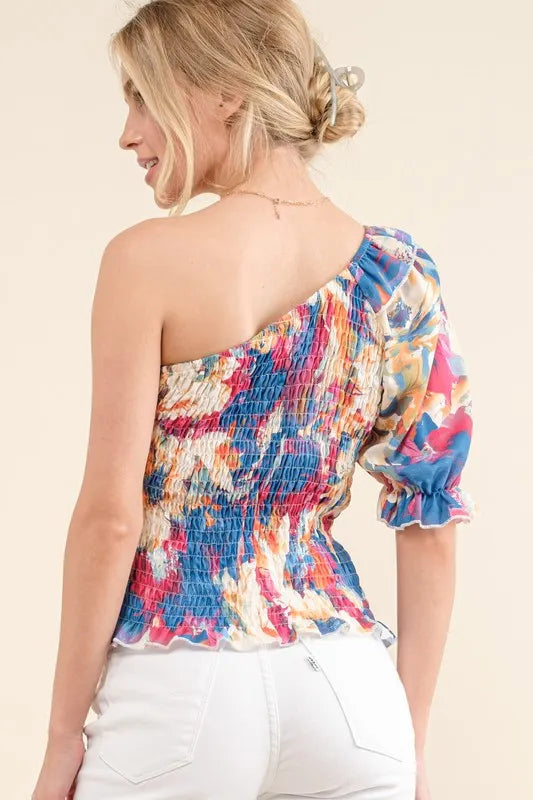 Allover Floral Print Smocked One Shoulder Blouse