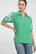 Seersucker Embroidered Sleeve Blouse