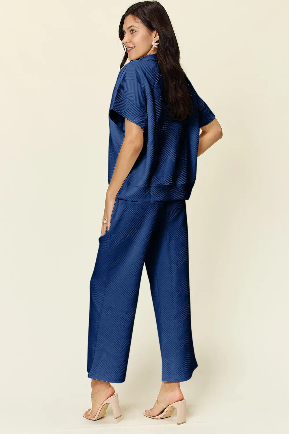 I am a Fashion Junky Full Size Texture Half Zip Short Sleeve Top and Pants Set