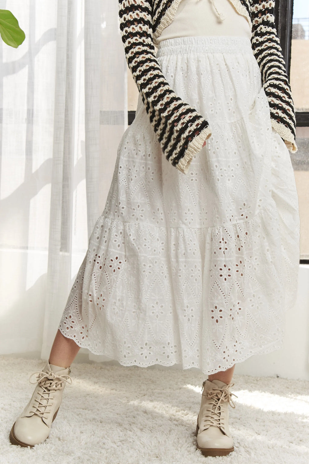 Elastic Waistband Tiered Midi Skirt