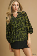 Full Size Floral Velvet Blouse with Balloon Sleeves Plus Size