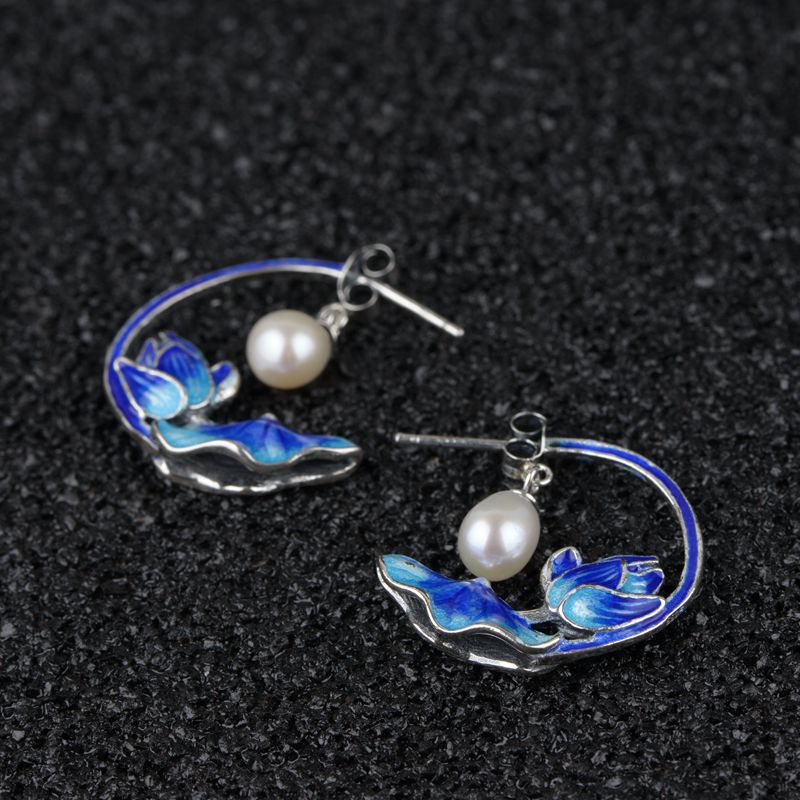 S925 Silver Enamelled Lotus Leaf Lotus Earrings