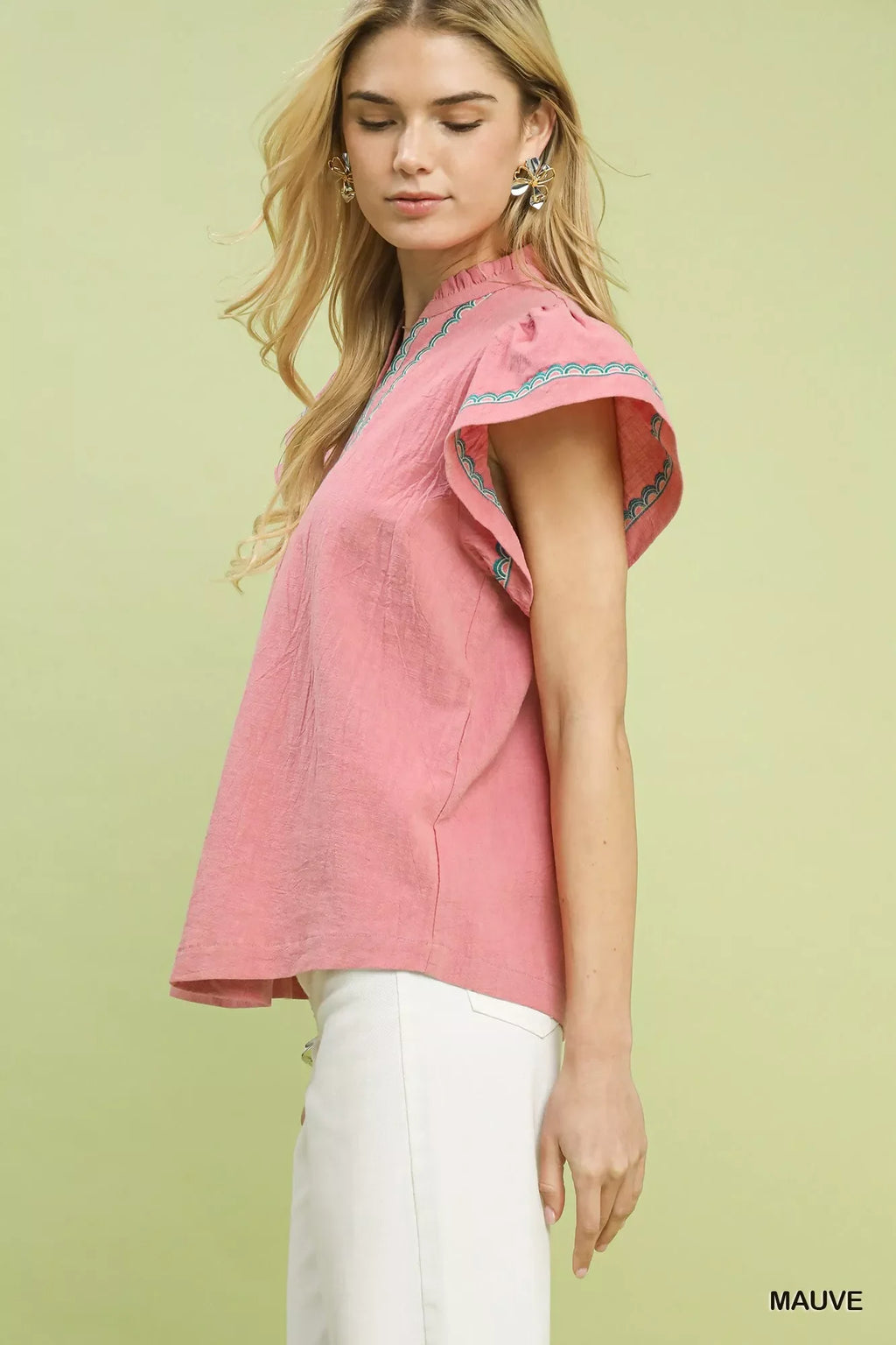 Embroidered Flutter Sleeve Blouse