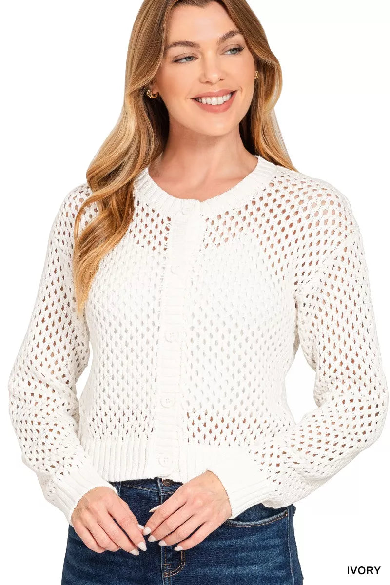 Button Down Lightweight Crochet Cardigan Sweater