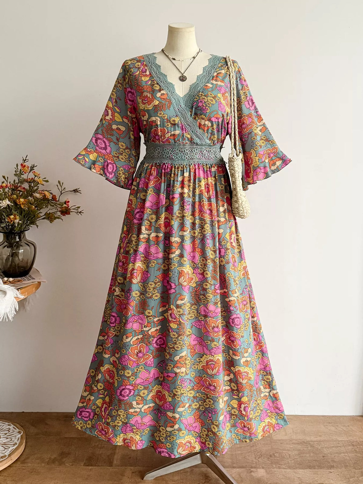 Lace Detail Floral Surplice Dress