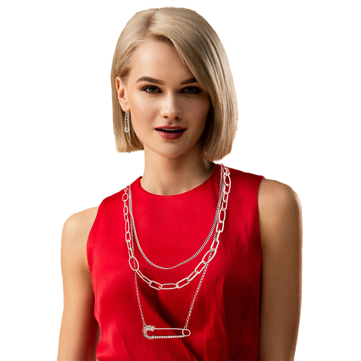 Layered Silver Chain Pin Necklace Long Stylish Statement Jewelry