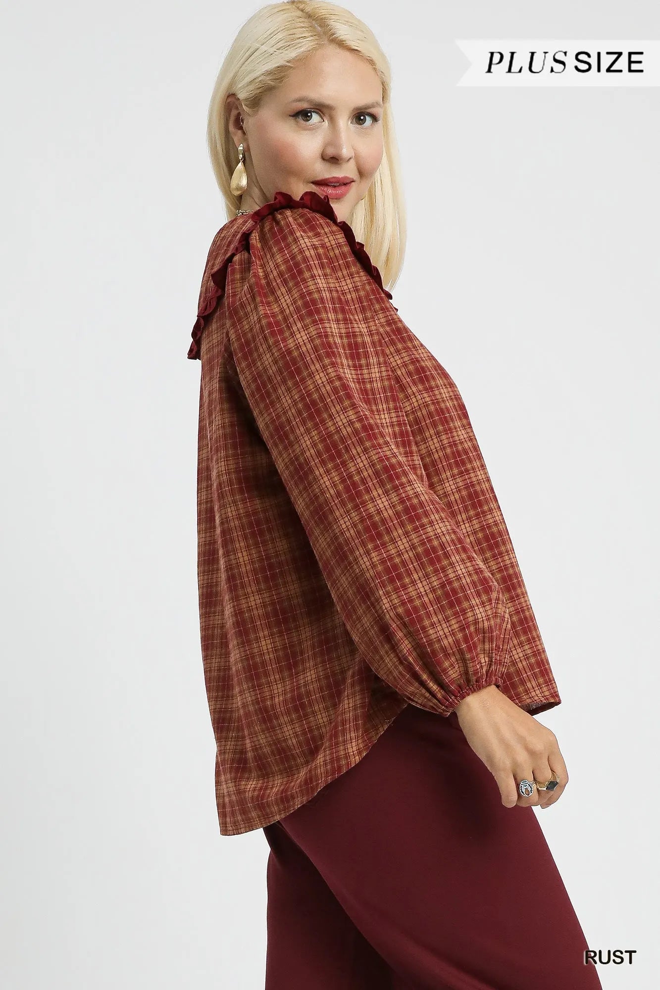 Full Size Plaid Ruffle Collar Blouse Plus Size