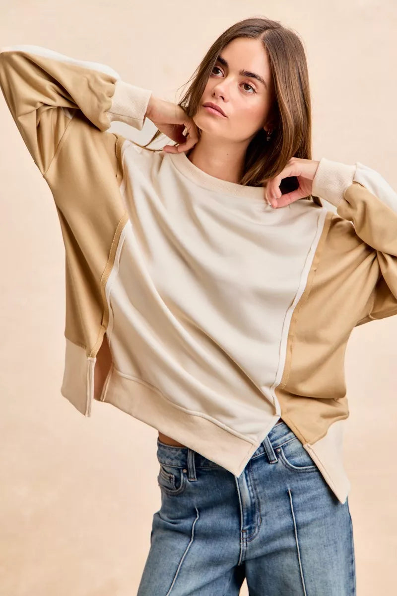 French Terry Color Block Top With Open Seam Detail
