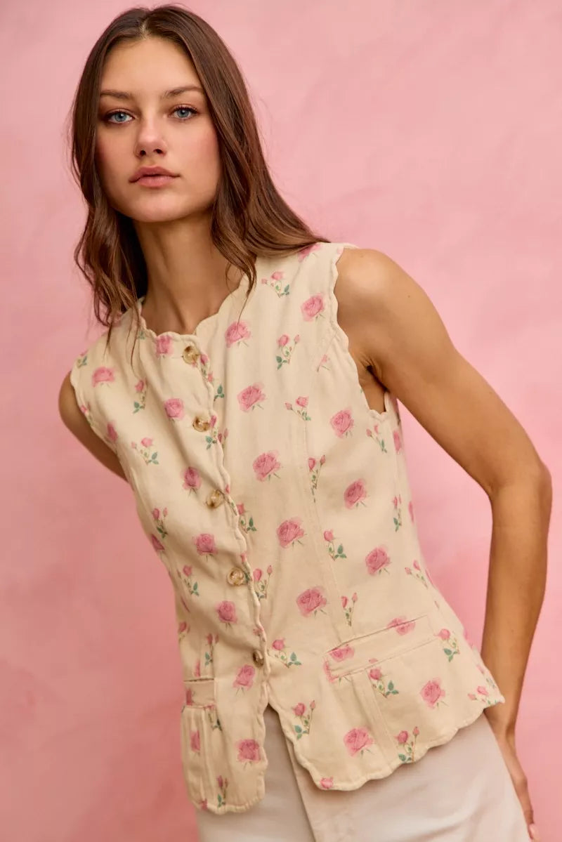Floral Rose Cotton Twill Scallop Button Vest Top