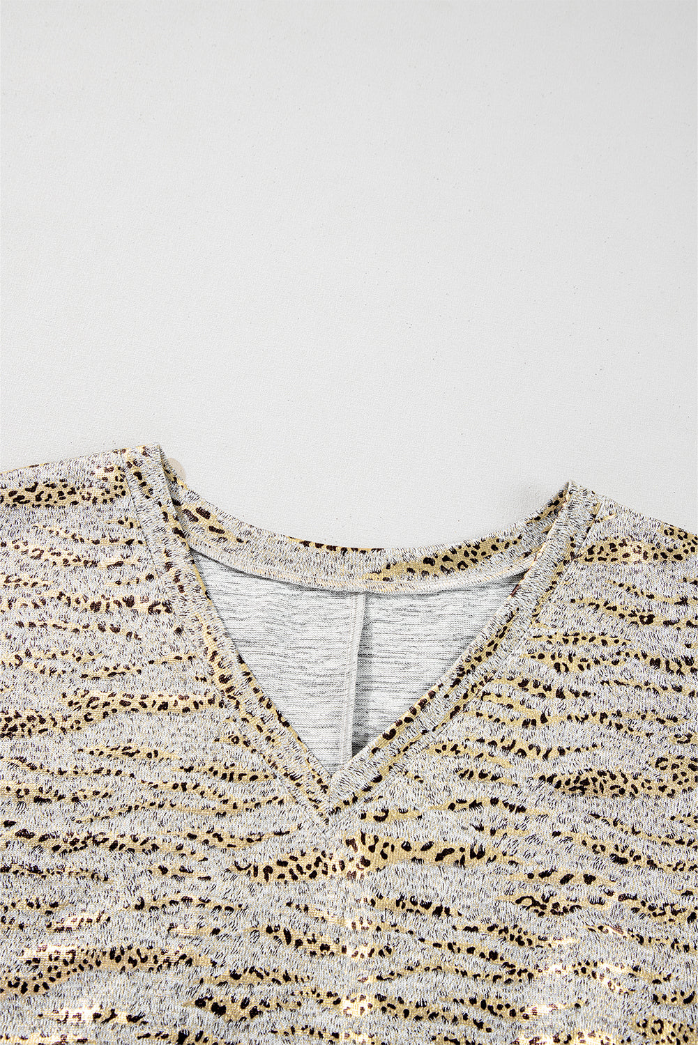 Gray Leopard Print Half Sleeve V Neck Loose Fit T Shirt